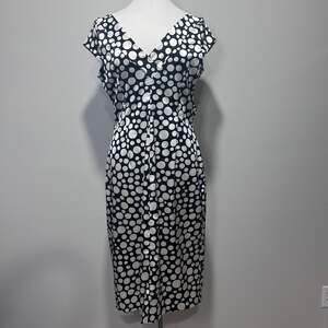 London Style Nights Women Navy & White Polka Dot Cap Sleeve Ruched Dress, Sz 16